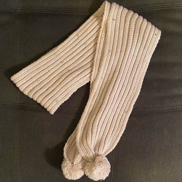Knit Cream Pom Pom Scarf with Rhinestones - Picture 2 of 4
